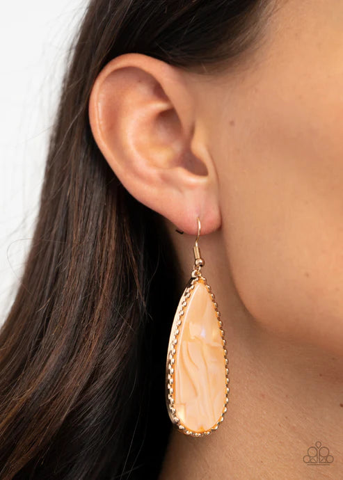 Ethereal Eloquence - Oversized Gold (Golden) Faux Marble Shimmer Teardrop Encased Studded Ethereally Earrings E#2395