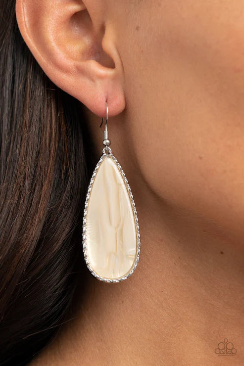 Ethereal Eloquence - Oversized White Faux Marble Shimmer Teardrop Encased Studded Ethereally Earrings E#2394