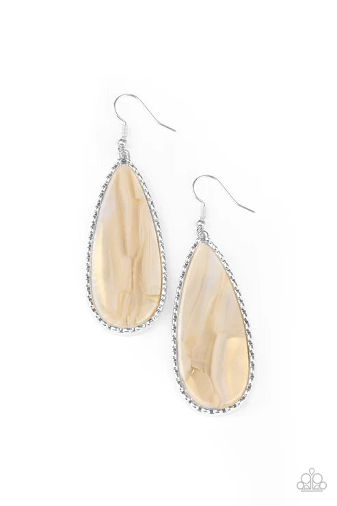 Ethereal Eloquence - Oversized White Faux Marble Shimmer Teardrop Encased Studded Ethereally Earrings E#2394