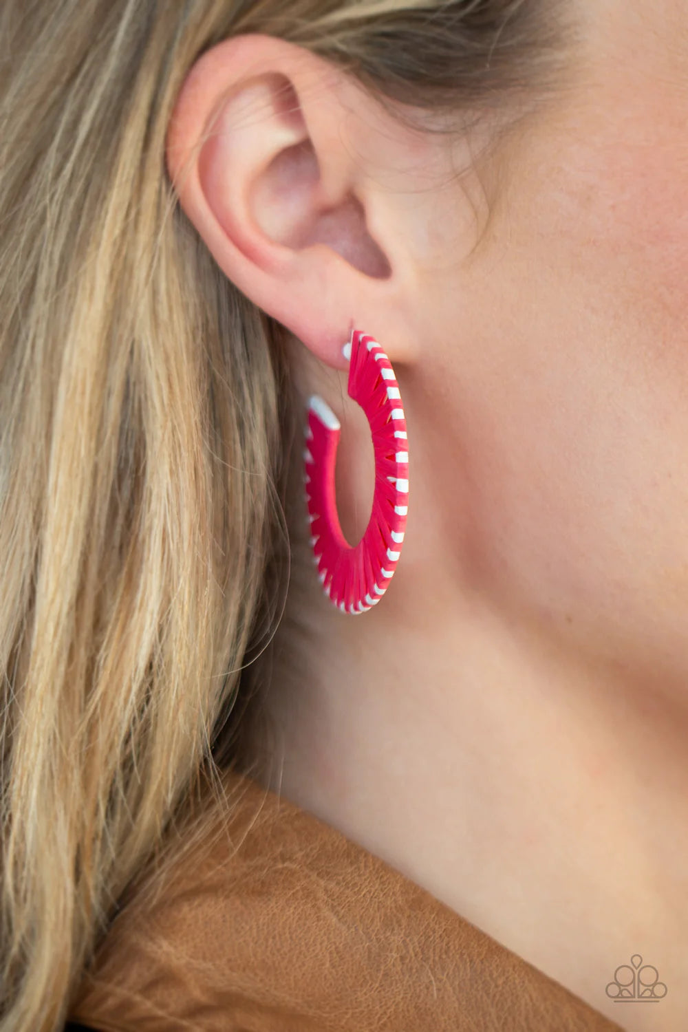 Everybody Conga! - Pink/White Wrapped Cord Wicker  Hoop Earrings E#775