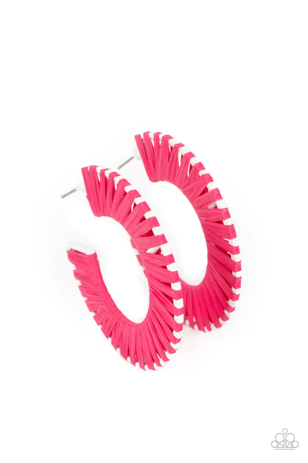 Everybody Conga! - Pink/White Wrapped Cord Wicker  Hoop Earrings E#775