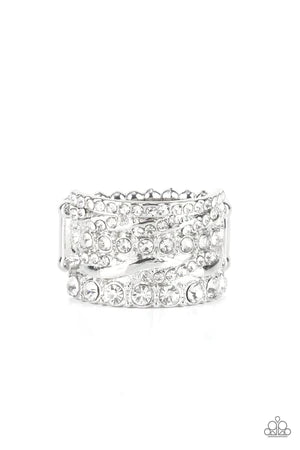 Exclusive Elegance - White Mismatched Haphazardly Encrusted Stacked Ring R#494