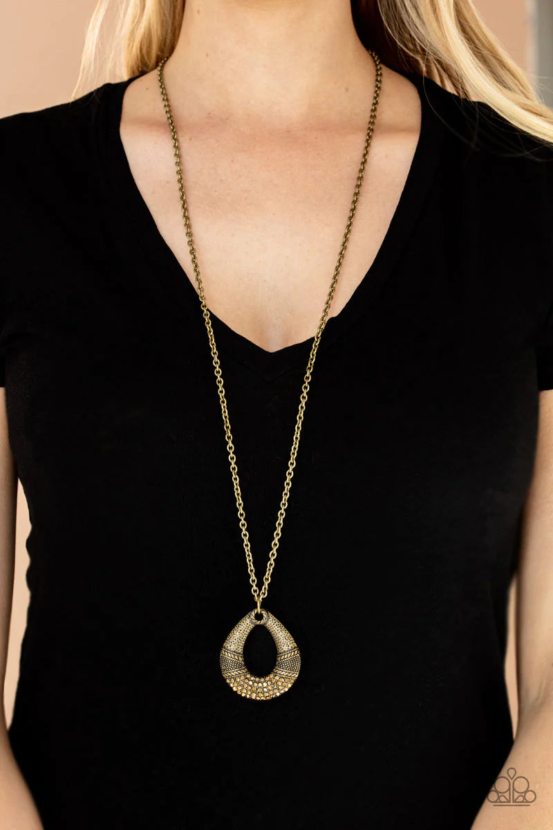 Glitz and Grind - Oversized Brass Studded/Embossed Golden Topaz Encrusted Hammered Textured Teardrop Necklace N#021