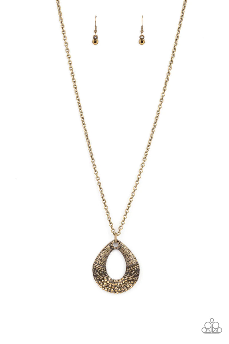 Glitz and Grind - Oversized Brass Studded/Embossed Golden Topaz Encrusted Hammered Textured Teardrop Necklace N#021