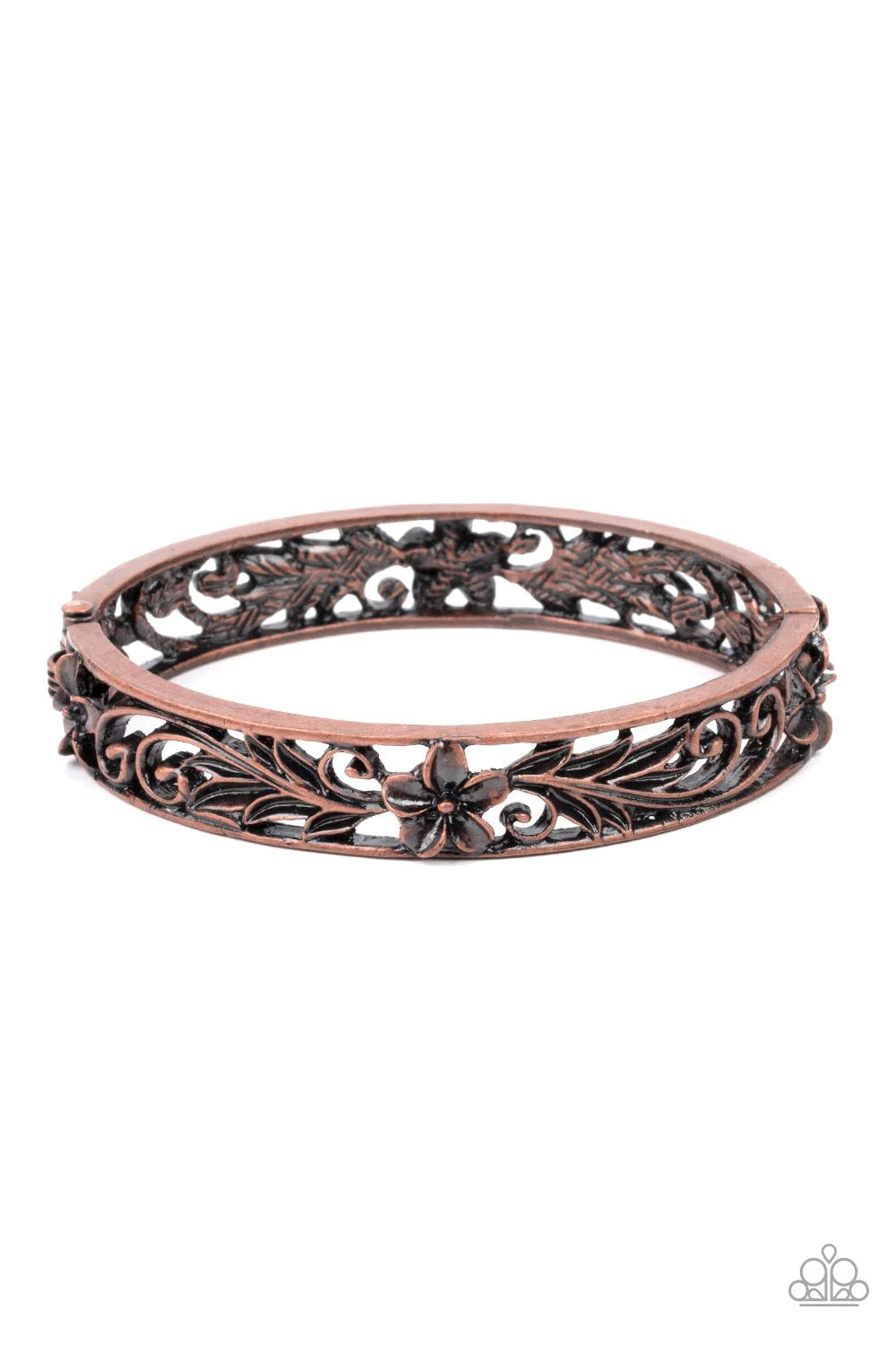 Hawaiian Essence - Copper Antiqued 3D Leafy Hawaiian Tropical Floral Filigree Bangle/Cuff Hinged Bracelet B#782