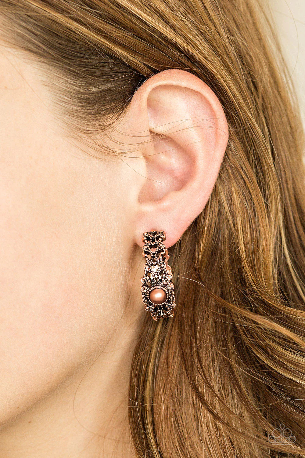 Exquisite Expense - Copper Pearl Filigree Hoop Earrings E#831