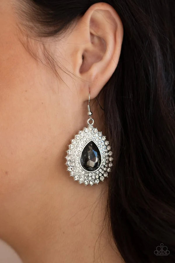 Exquisitely Explosive - Oversized Silver Smoky Ripple Encrusted Teardrop Earrings E#094