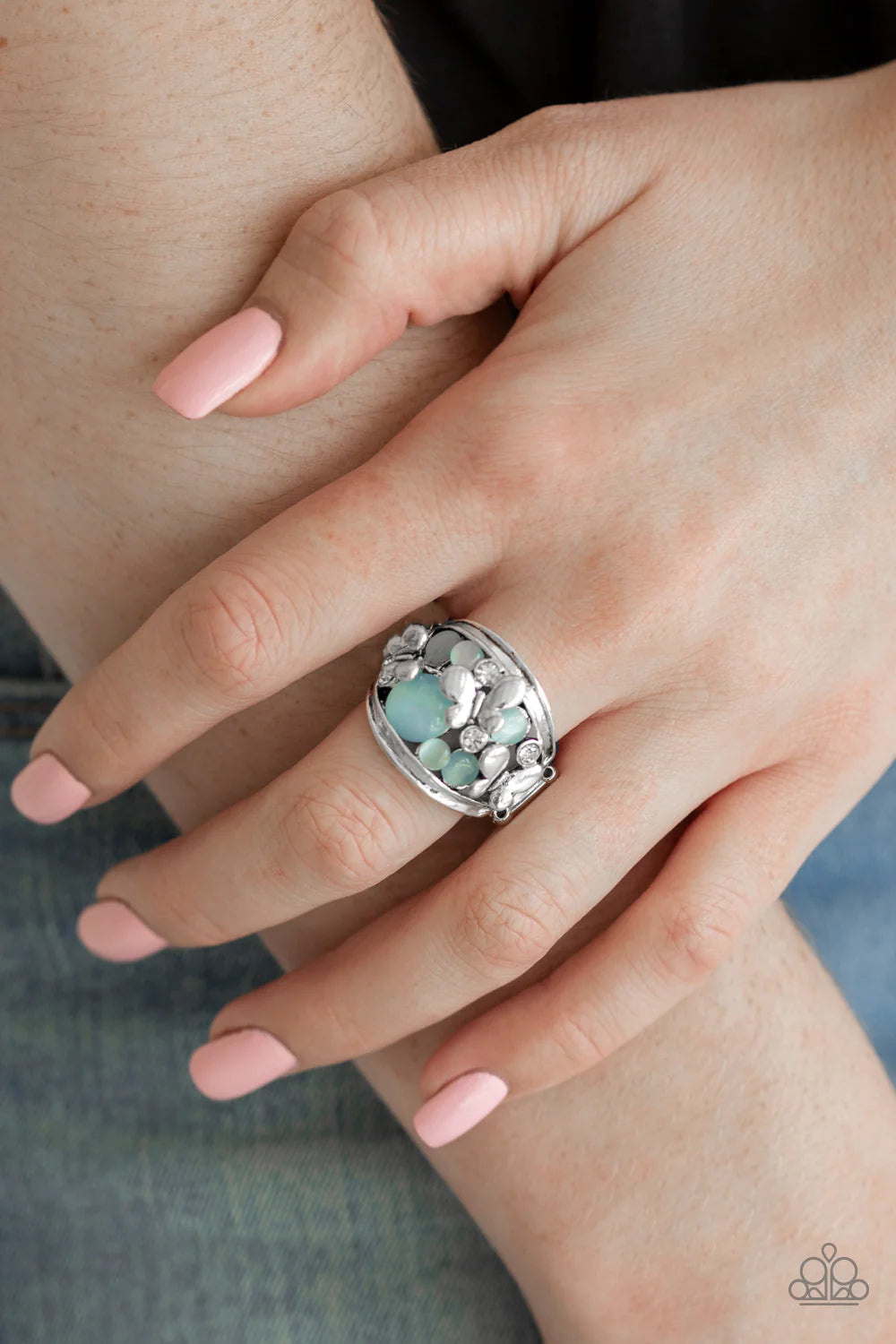 FLUTTER Me Up - Oversized Blue 3D Butterfly Flutter Cat's Eye Moonstone Encrusted Ring R#1231