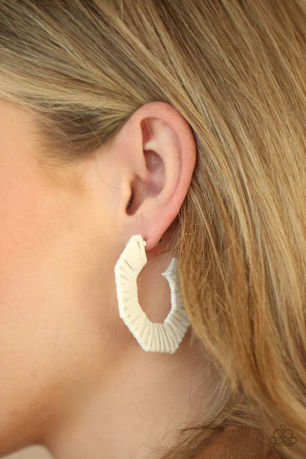 Fabulously Fiesta - White Wicker Hexagonal Hoop Earrings E#255