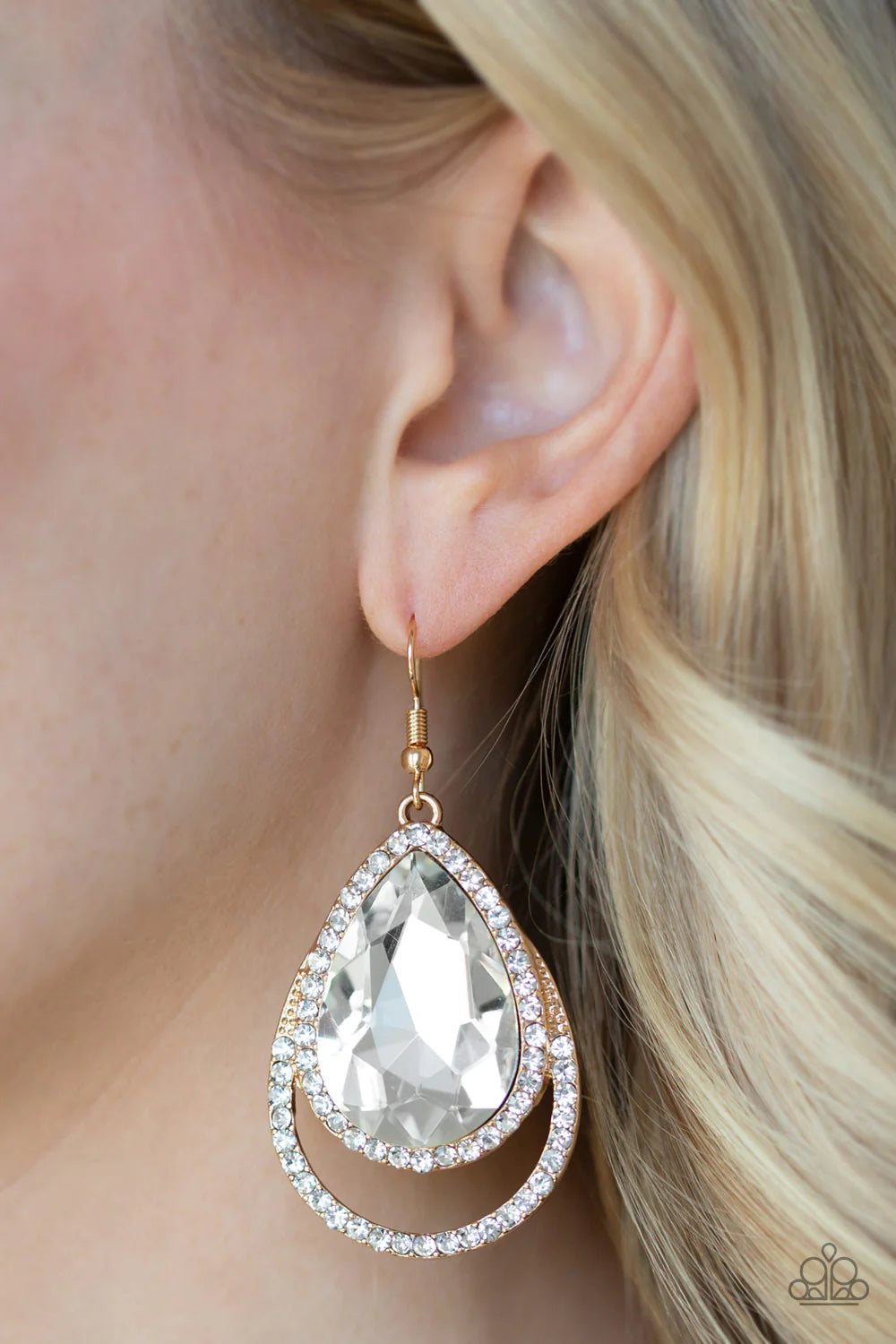 Famous - Oversized Gold Doubled Encrusted Teardrop Earrings E#1397
