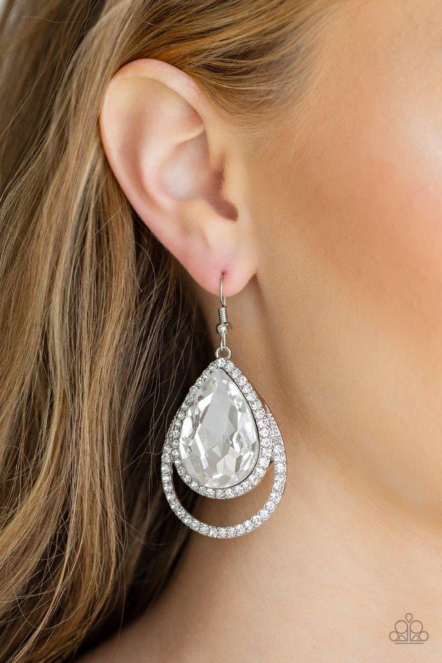 Famous - Oversized White Doubled Encrusted Teardrop Earrings E#1398