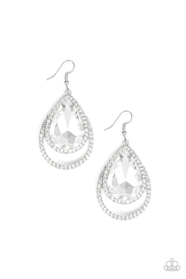 Famous - Oversized White Doubled Encrusted Teardrop Earrings E#1398