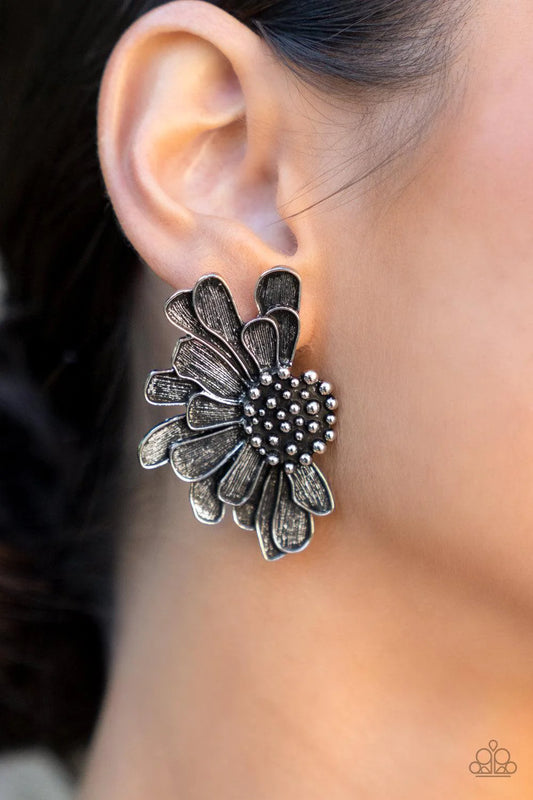 Farmstead Meadow - Oversized Silver Imperfect Studded 3D Petal Glided Half Bloom Earrings E#095
