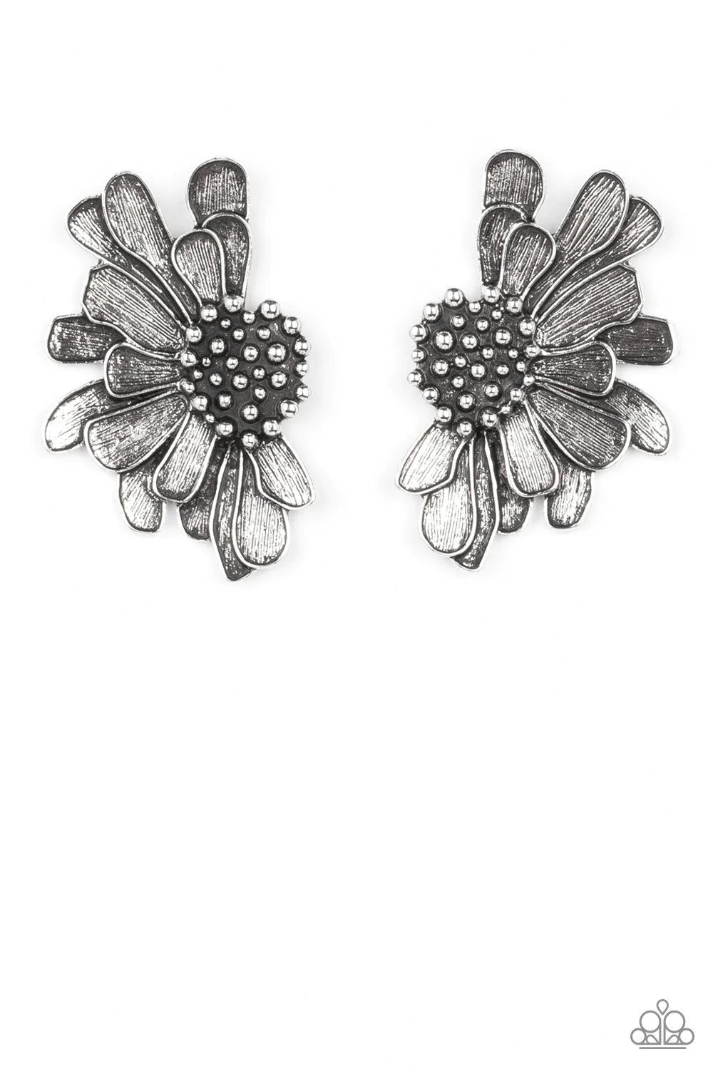 Farmstead Meadow - Oversized Silver Imperfect Studded 3D Petal Glided Half Bloom Earrings E#095