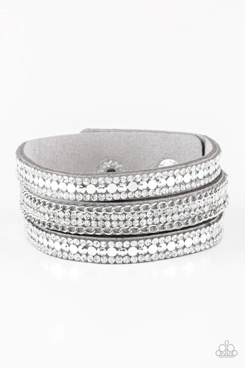 Fashion Fanatic - Silver/Gray Encrusted Flat Discs/Chains Accent Suede Bracelet B#1574
