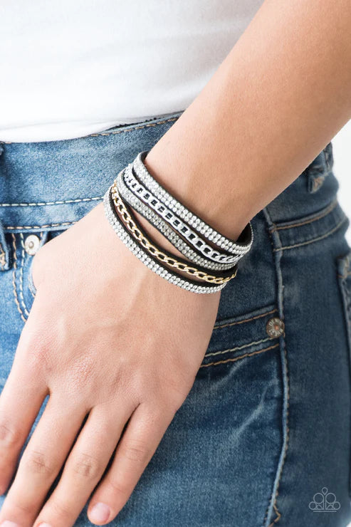Fashion Fiend - Black/White/Smoky/Gold Encrusted Industrial Suede Bracelet B#1708