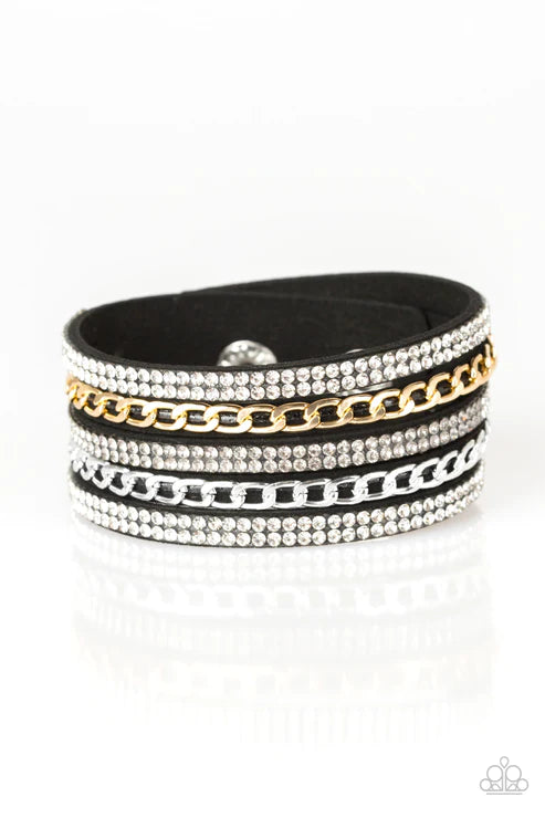 Fashion Fiend - Black/White/Smoky/Gold Encrusted Industrial Suede Bracelet B#1708