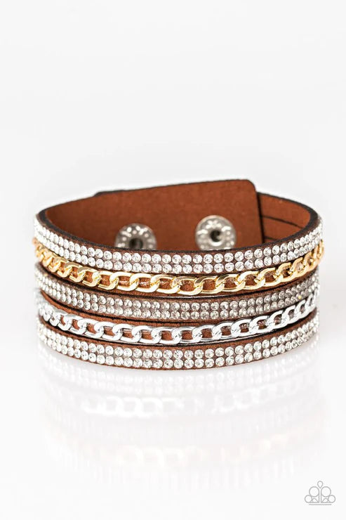 Fashion Fiend - Brown/White/Smoky/Gold Encrusted Industrial Suede Bracelet B#1706