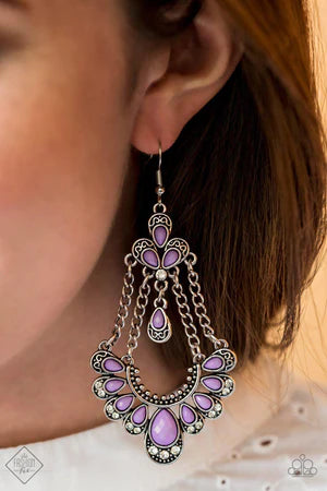 Unique Chic - Oversized Purple Faceted Encrusted Decorated Texture Filigree Suspended Cluster Teardrop Earrings E#3199
