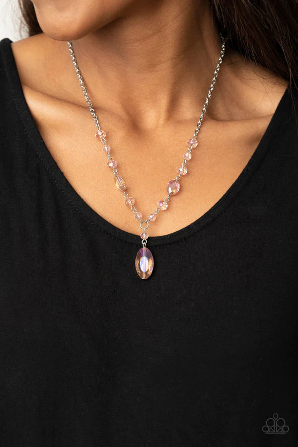Fashionista Week - Pink Iridescent Shimmer Oval Crystal Extended Pendant Necklace N#453