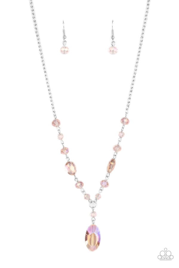 Fashionista Week - Pink Iridescent Shimmer Oval Crystal Extended Pendant Necklace N#453