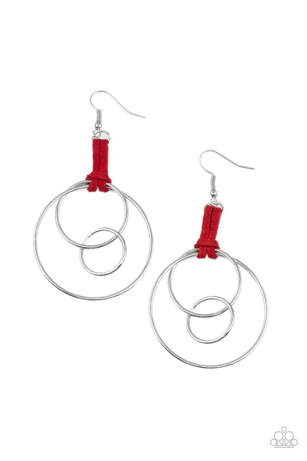 Fearless Fusion - Oversized Red Knotted Suede Interlocked Rings Hoop Earrings E#078