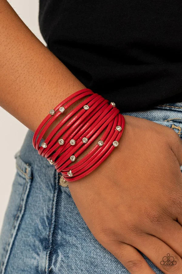 Fearlessly Layered - Red Dotted Encrusted Strung Leather Cord Magnetic Bracelet B#218