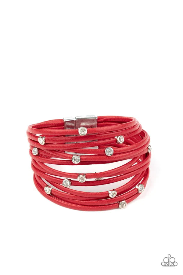 Fearlessly Layered - Red Dotted Encrusted Strung Leather Cord Magnetic Bracelet B#218