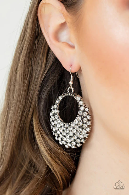 Fierce Flash - Oversized White Airy Oval Encrusted Earrings E#2632