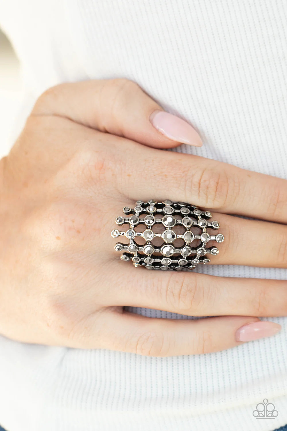 Fiercely Flashy - Silver Airy Oval Hematite Encrusted Ring R#1176