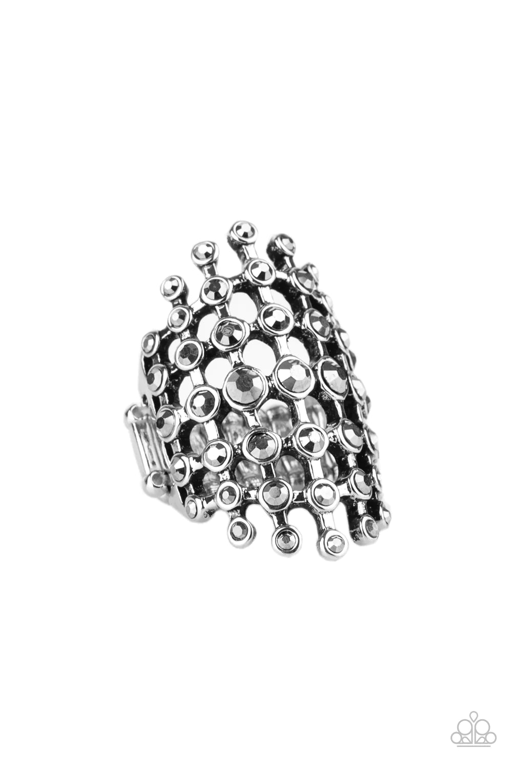Fiercely Flashy - Silver Airy Oval Hematite Encrusted Ring R#1176