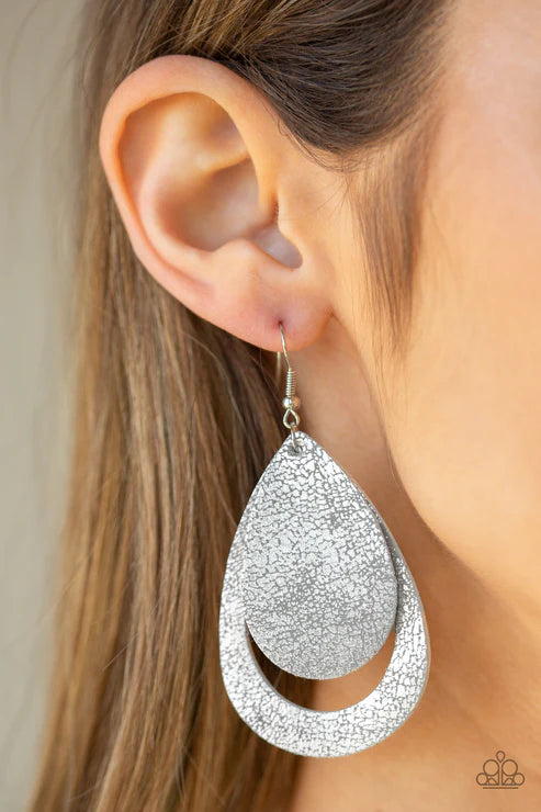 Fiery Firework - Oversized Silver Metallic Distressed Leather Teardrop Earrings E#2249