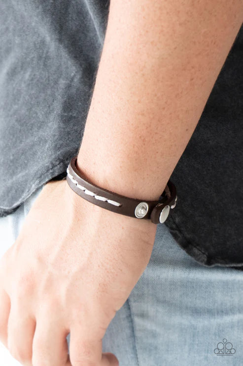 First Class TRAVELER - Brown Earthy Cording Stitched Skinny Leather Rugged Adjustable Snap Closure Urban Bracelet B#1659
