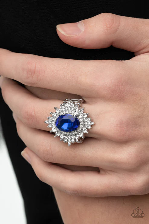 Five-Star Stunner - Oversized Blue (French) Encrusted Silver Petals Bloom Out Oval Gem Bordered Floral Centerpiece Ring R#1783