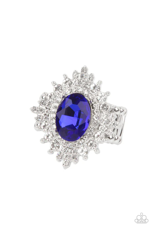 Five-Star Stunner - Oversized Blue (French) Encrusted Silver Petals Bloom Out Oval Gem Bordered Floral Centerpiece Ring R#1783