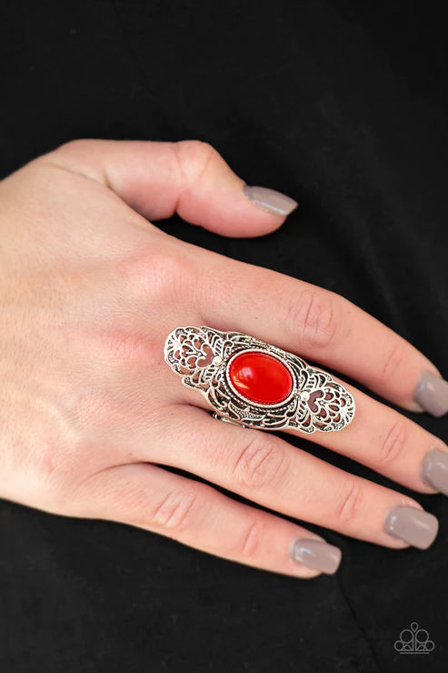 Flair for the Dramatic - Oversized Fiery Red Swirl Airy Heart Filigree Ring R#1766