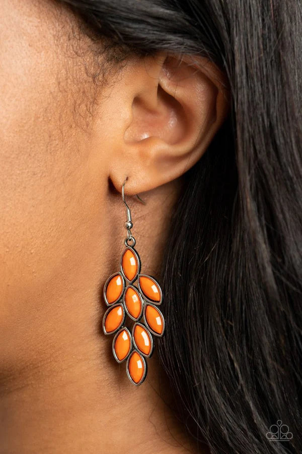Flamboyant Foliage - Orange Encased Faceted Marigold Leafy Lure Earrings E#401