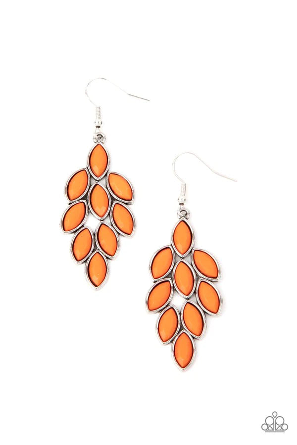 Flamboyant Foliage - Orange Encased Faceted Marigold Leafy Lure Earrings E#401