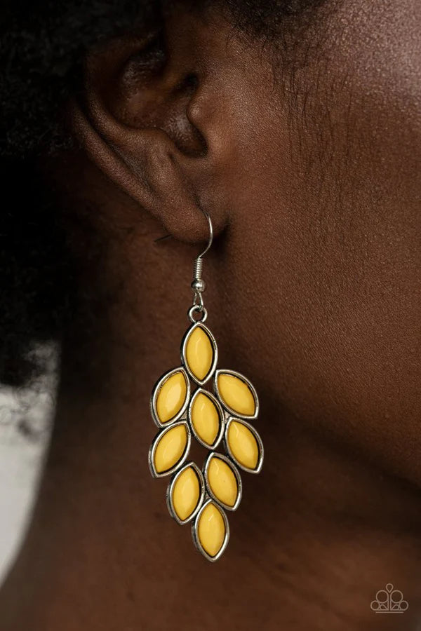Flamboyant Foliage - Yellow Encased Faceted Illuminating Leafy Lure Earrings E#410