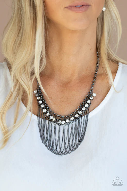 Flaunt Your Fringe - Black Trio Interconnected Mesh Curtain Fringe Necklace N#1639