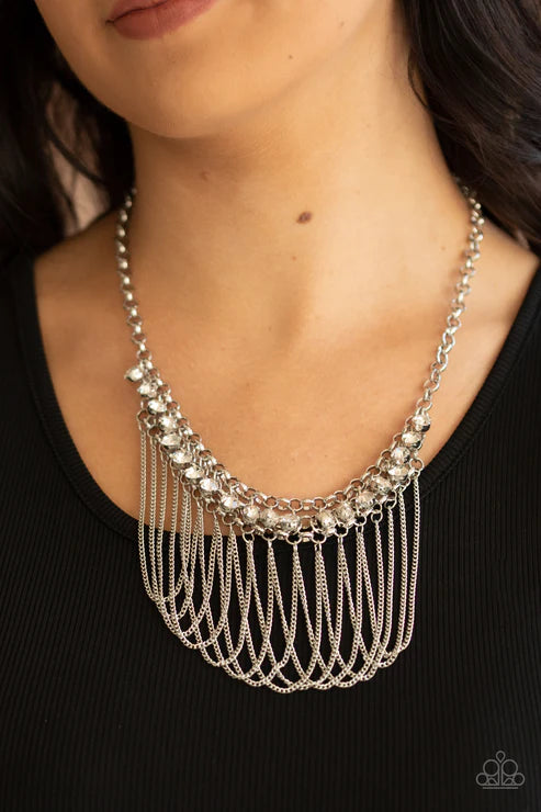 Flaunt Your Fringe - White Trio Interconnected Mesh Curtain Fringe Necklace N#2549