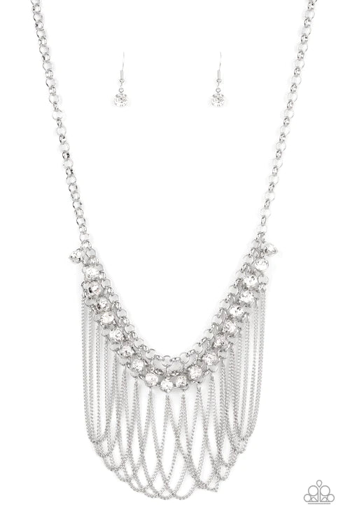 Flaunt Your Fringe - White Trio Interconnected Mesh Curtain Fringe Necklace N#2549