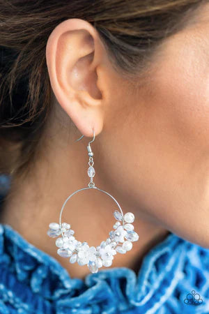 Floating Gardens - Oversized White Pearl Iridescent Crystal 3D Floral Floating Cluster Accent Hoop Earrings E#701
