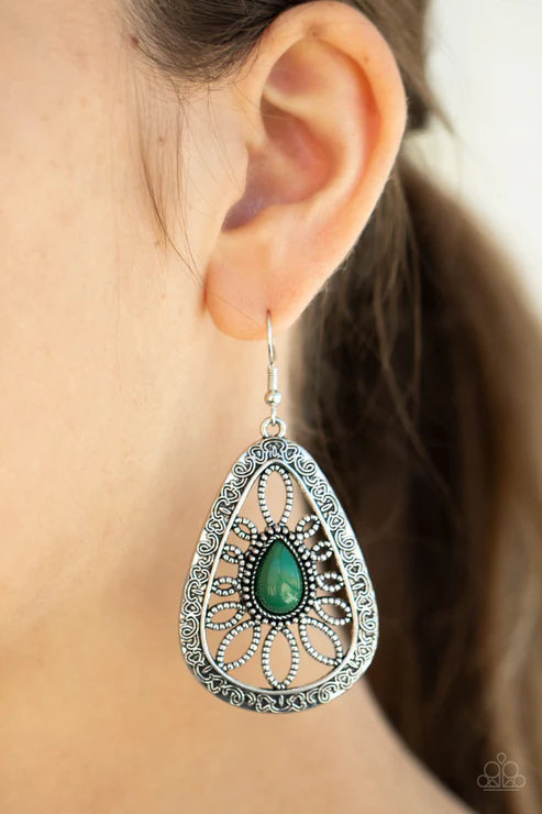 Floral Frill - Oversized Green (Ultramarine) Studded Swirl Filigree Teardrop Earrings E#2202