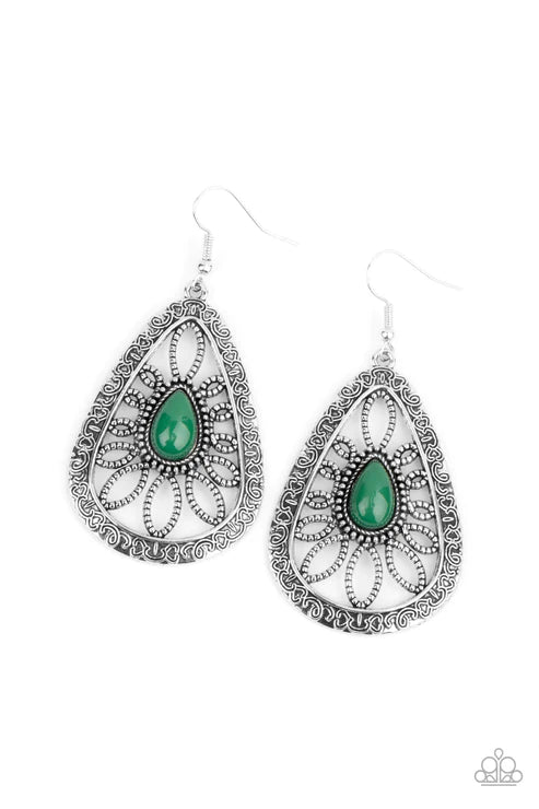 Floral Frill - Oversized Green (Ultramarine) Studded Swirl Filigree Teardrop Earrings E#2202