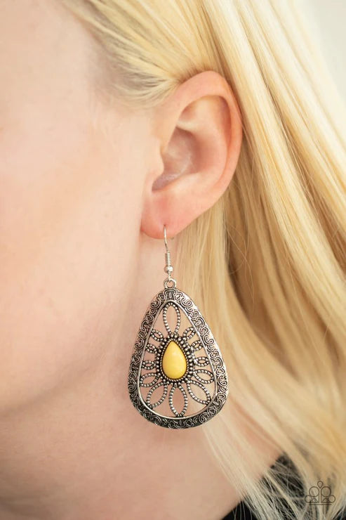 Floral Frill - Oversized Yellow Studded Swirl Filigree Teardrop Earrings E#2421