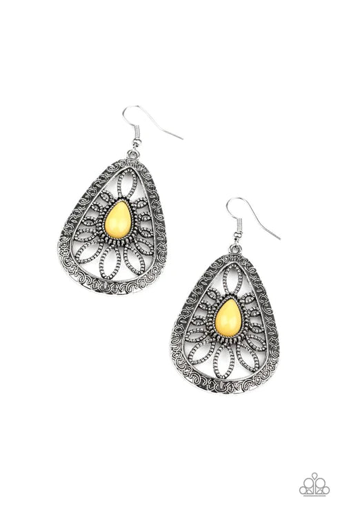 Floral Frill - Oversized Yellow Studded Swirl Filigree Teardrop Earrings E#2421