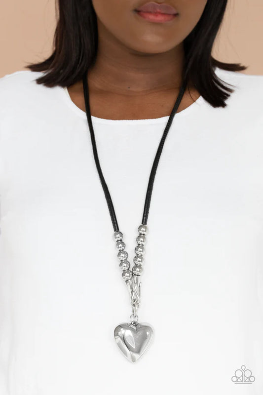 Forbidden Love - Oversized Chunky Black 3D Heart Dramatic Hook Leather Necklace N#327