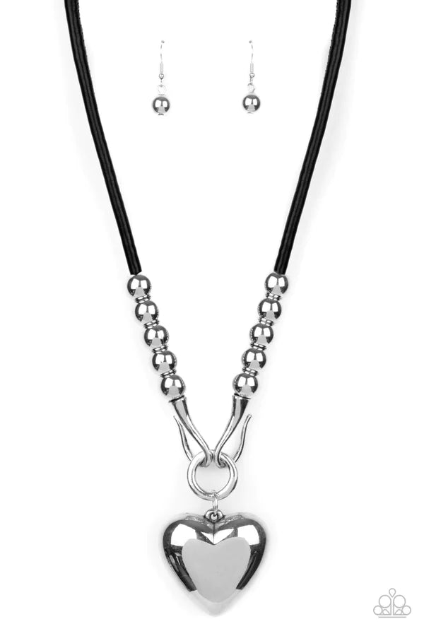 Forbidden Love - Oversized Chunky Black 3D Heart Dramatic Hook Leather Necklace N#327