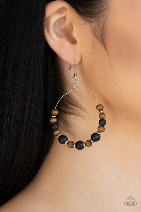 Forestry Fashion - Oversized Black/Brown Stone/Wood Accent Hoop Earrings E#2133